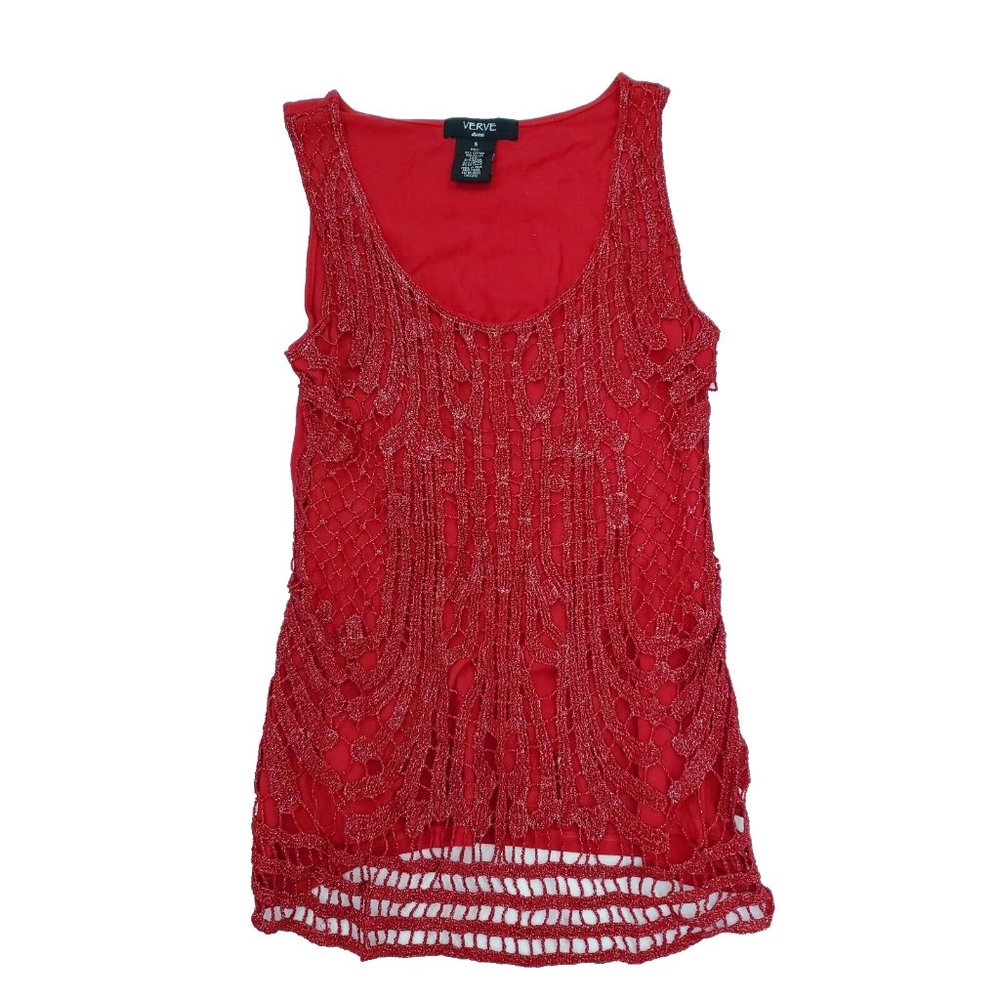 Verne Ami Sleeveless Shirt Blouse Women Small Red Crochet Lace Scoop Tank Top